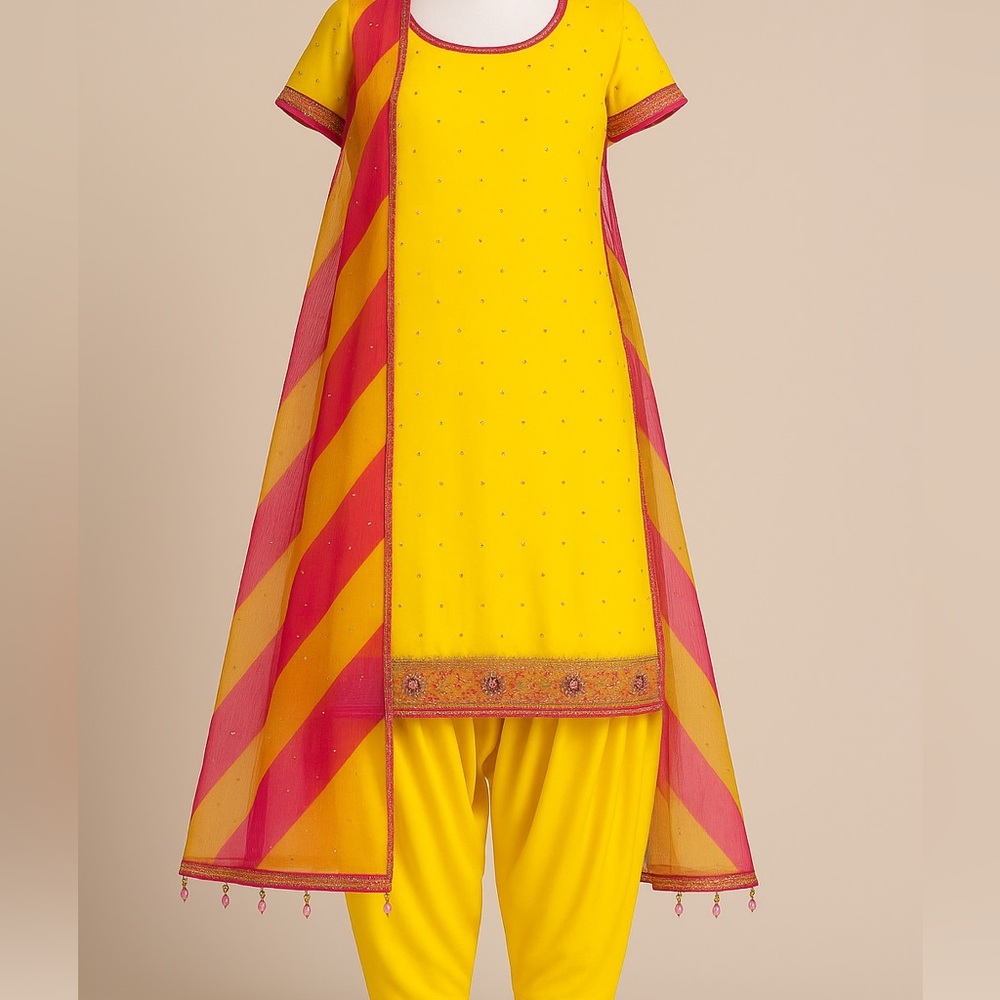 Bright Yellow & Pink Embellished Salwar Suit – Size M | Brand New 3-Piece Set